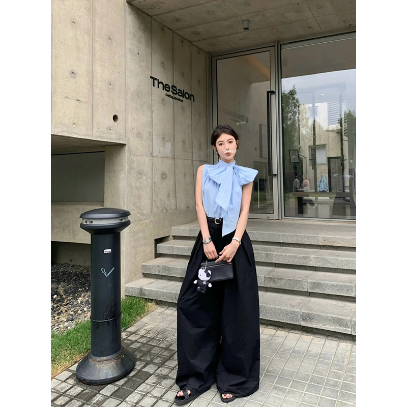 法式风蝴蝶结立领无袖背心衬衫女设计感气质绝美上衣高腰阔腿长裤