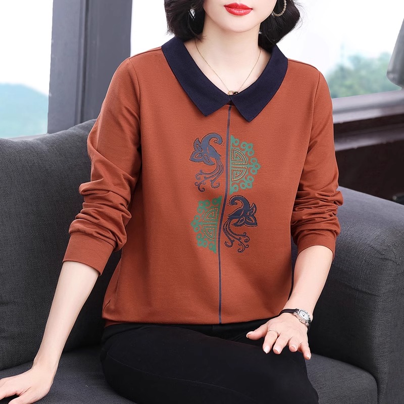 中年妈妈娃娃领镶钻休闲卫衣女2025新款秋季宽松遮肚外搭减龄上衣