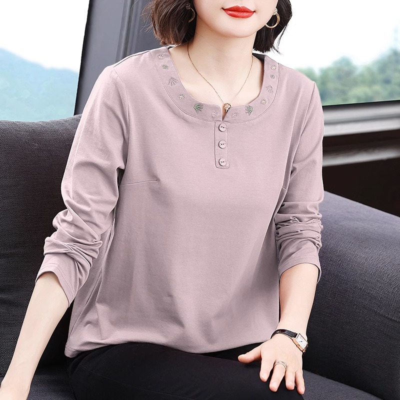 纯棉长袖t恤女宽松 2025新款春秋装中老年妈妈洋气打底衫遮肚上衣