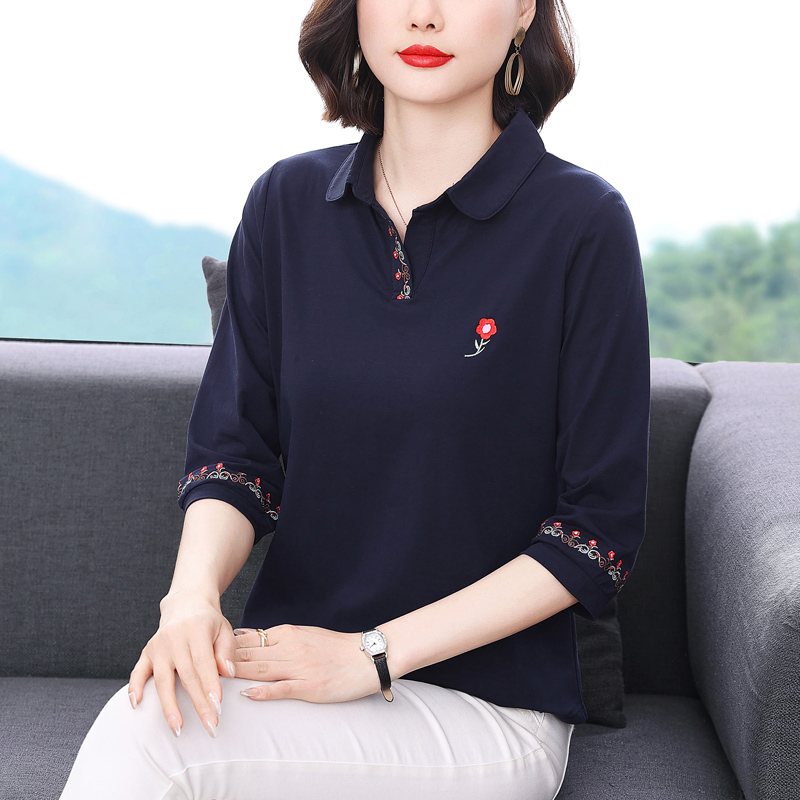 纯棉t恤女 洋气小衫2025春秋装新款中老年妈妈翻领中袖上衣打底衫