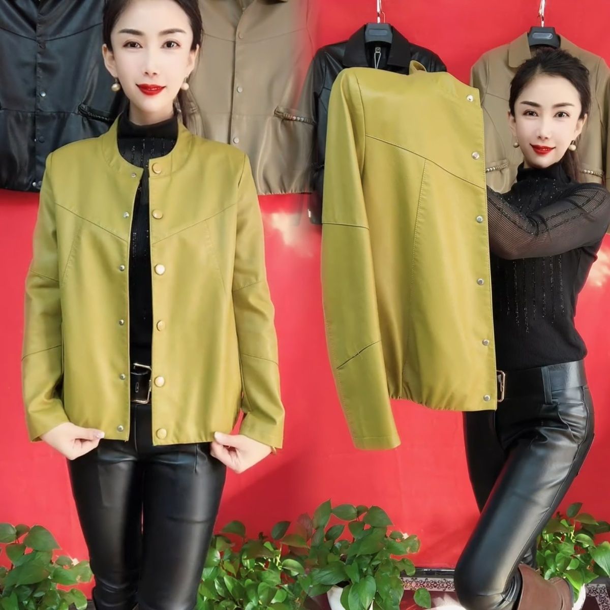 2025春秋新款皮衣外套女时尚宽松休闲短款夹克薄款圆领长袖上衣潮