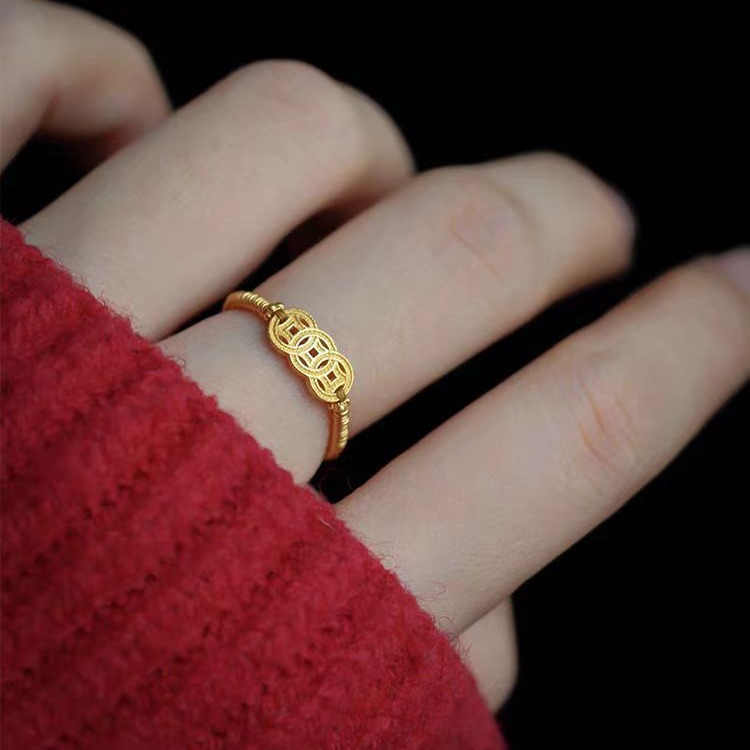 金币有钱戒指女复古金色铜钱戒指可调节不掉色百搭