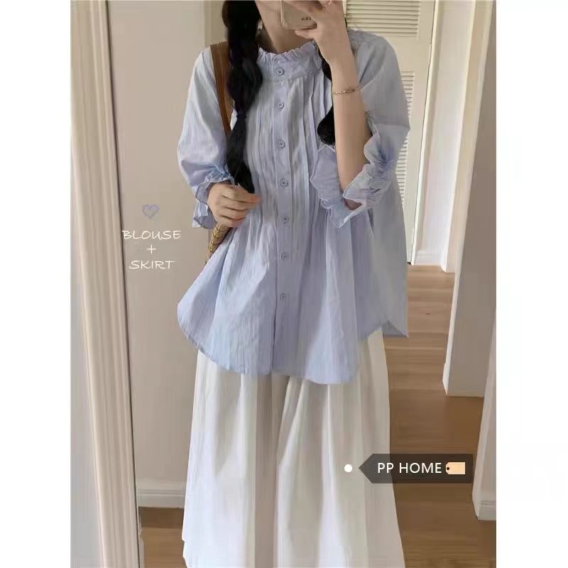 【全额运费补贴】【卡码拍小】泡泡袖花边立领衬衫女夏季甜美法式褶皱