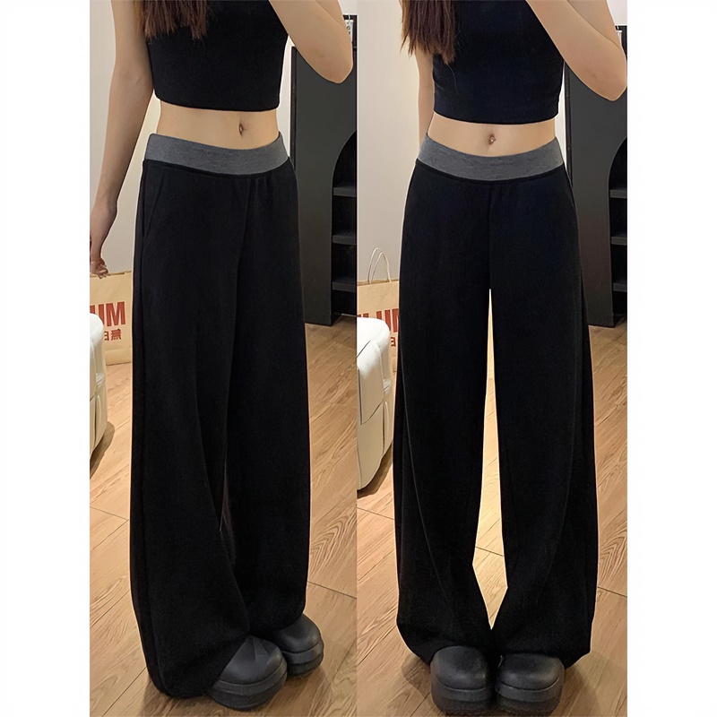 黑色拼接休闲运动裤女秋季新款胖妹妹mm高腰宽松显瘦阔腿拖地裤子