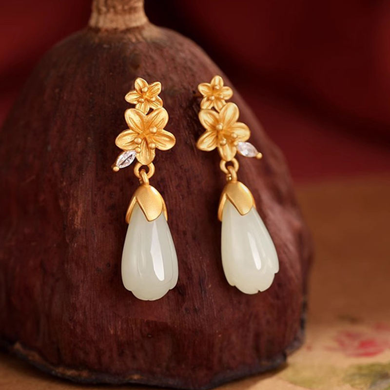 小银匠和田玉水滴S925银耳环女玉兰花新中式古风耳坠玉石耳饰礼物