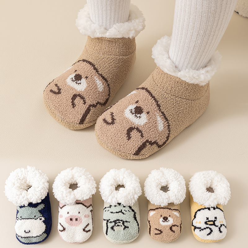 儿童袜子冬季加绒加厚保暖居家男童女童中筒袜防滑秋冬宝宝地板袜