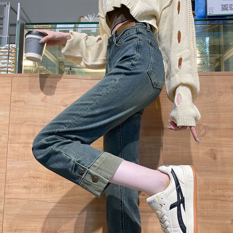 韩版复古直筒牛仔裤女春夏高腰显瘦宽松小个子修身窄版直筒烟管裤