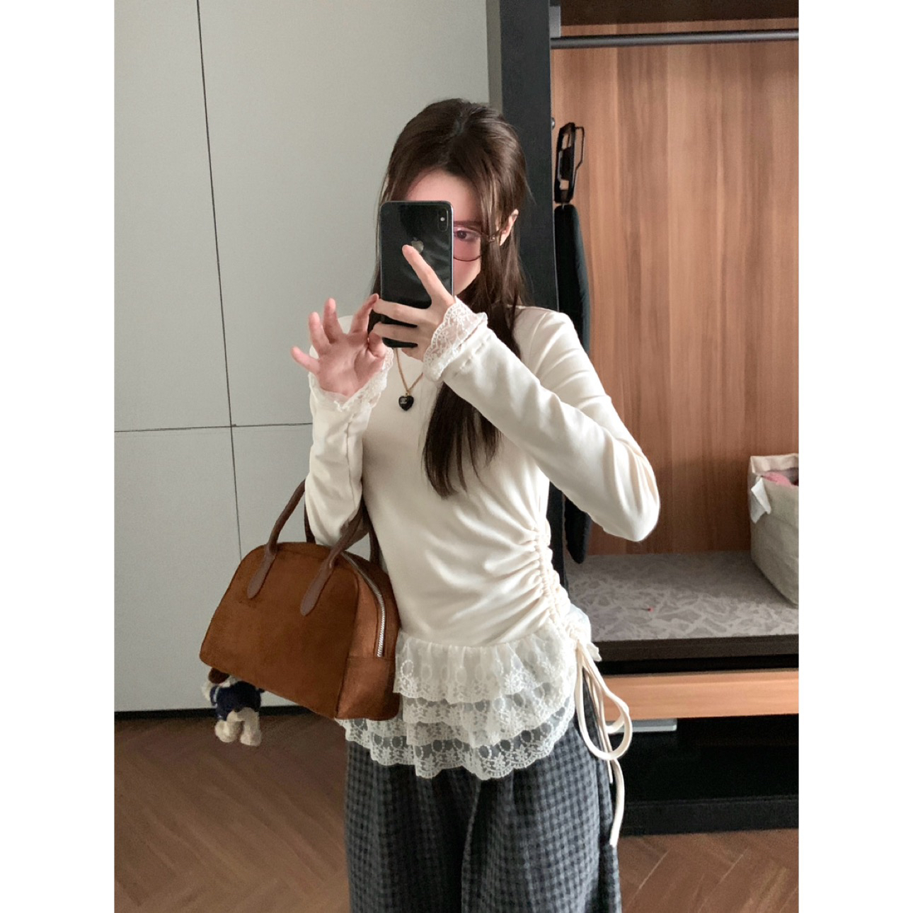 卡农氛围感满芬！花边抽绳半高领打底衫 内里磨毛加厚上衣717