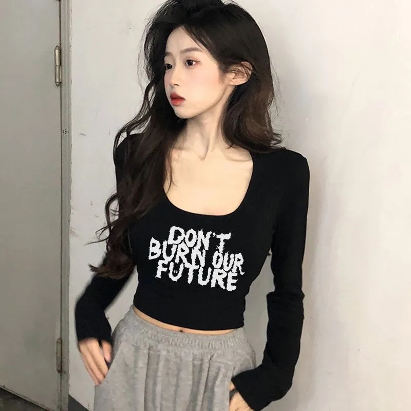 黑色U领短款长袖打底衫女高腰露脐低领内搭t恤韩版秋季新款上衣潮