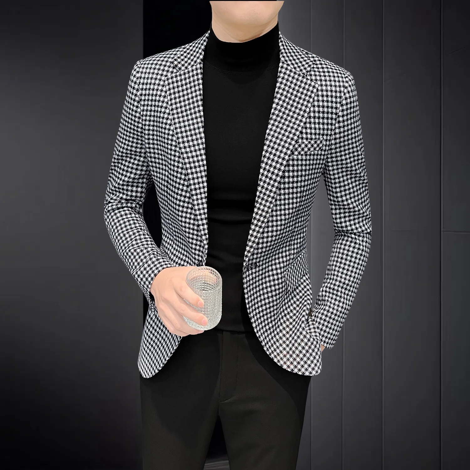 韩版修身西装男款爆款2024新款高级感休闲秋季千鸟格男士西装外套