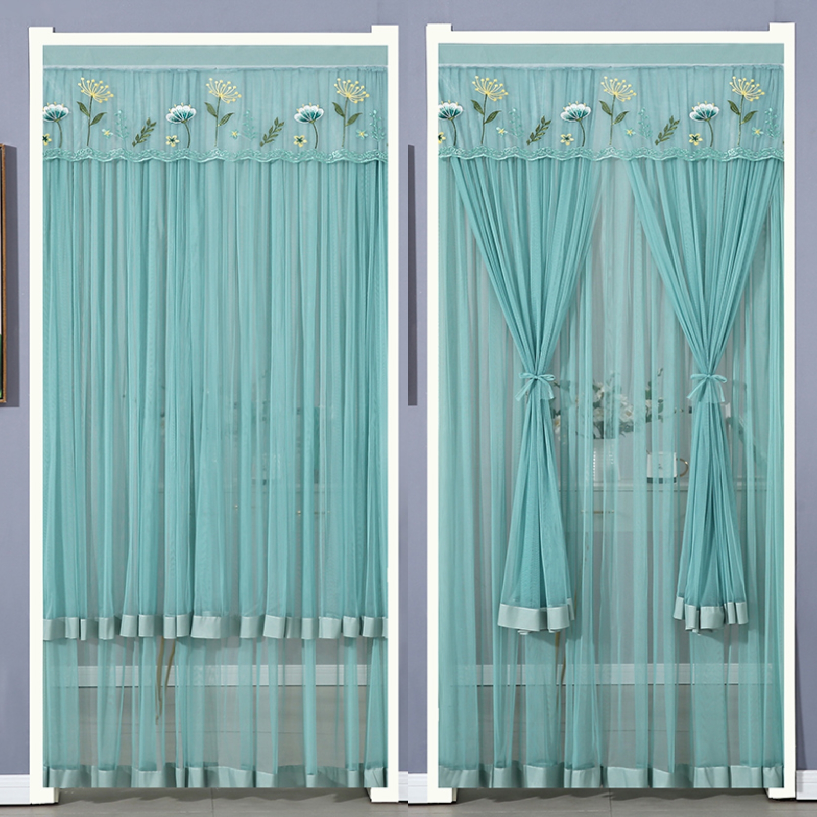 幸运花免打孔安装门帘夏季防蚊蝇门帘双纱双开蕾丝纱帘卧室门帘子