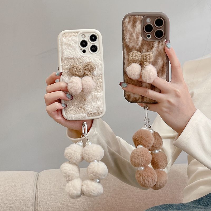 ins毛绒格子豹纹立体樱桃iPhone13promax苹果14手机壳15软11/12女