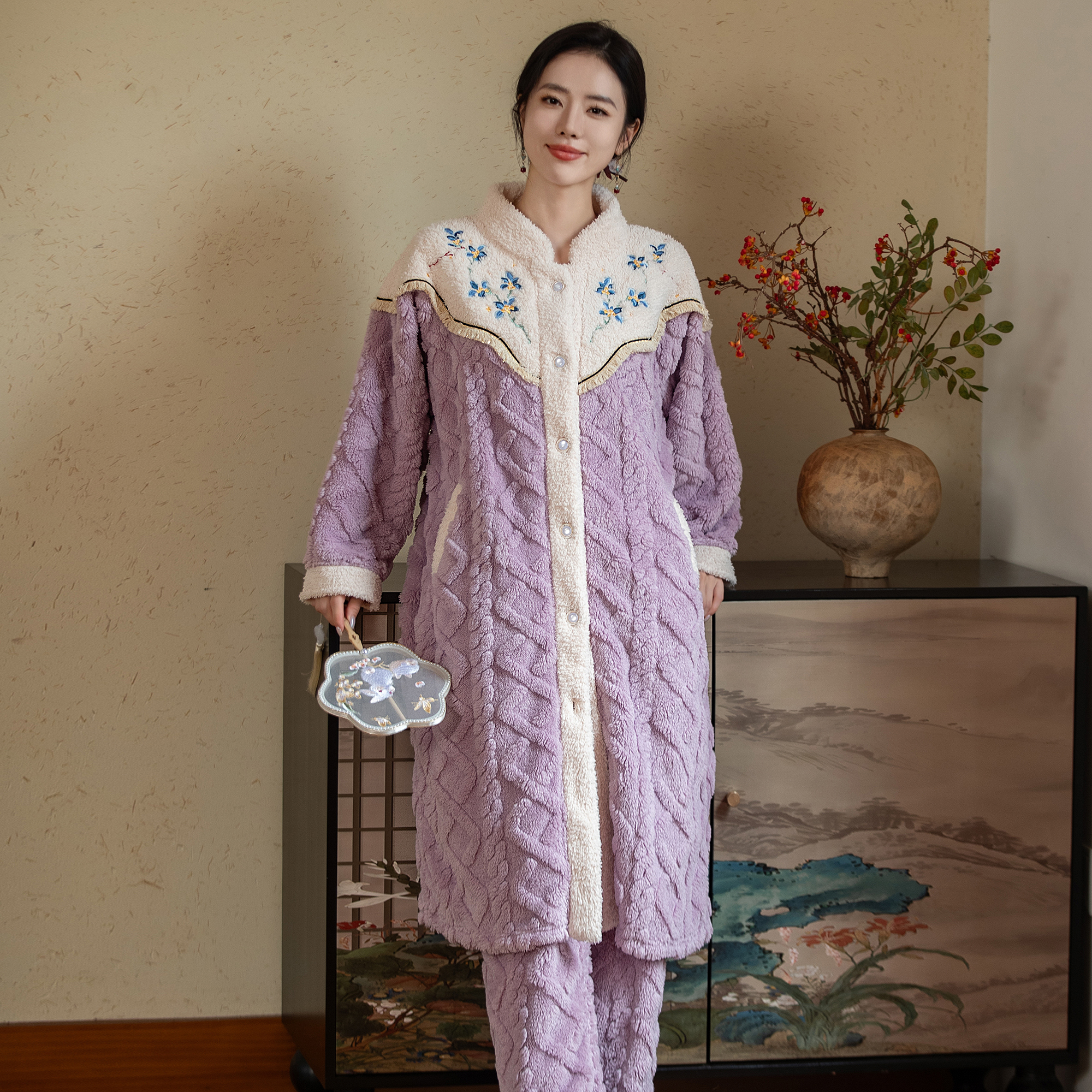 松子壳新中式睡衣女秋冬加绒长款睡袍高级感氛围可外穿家居服套装