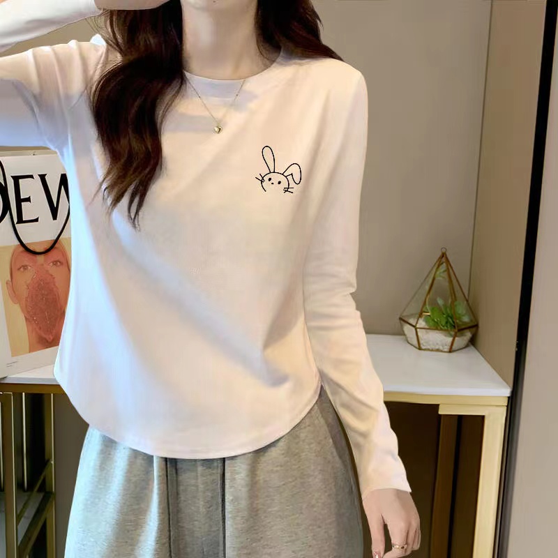 纯棉大码2024早秋新款修身百搭长袖T恤女士设计感圆弧下摆打底衫