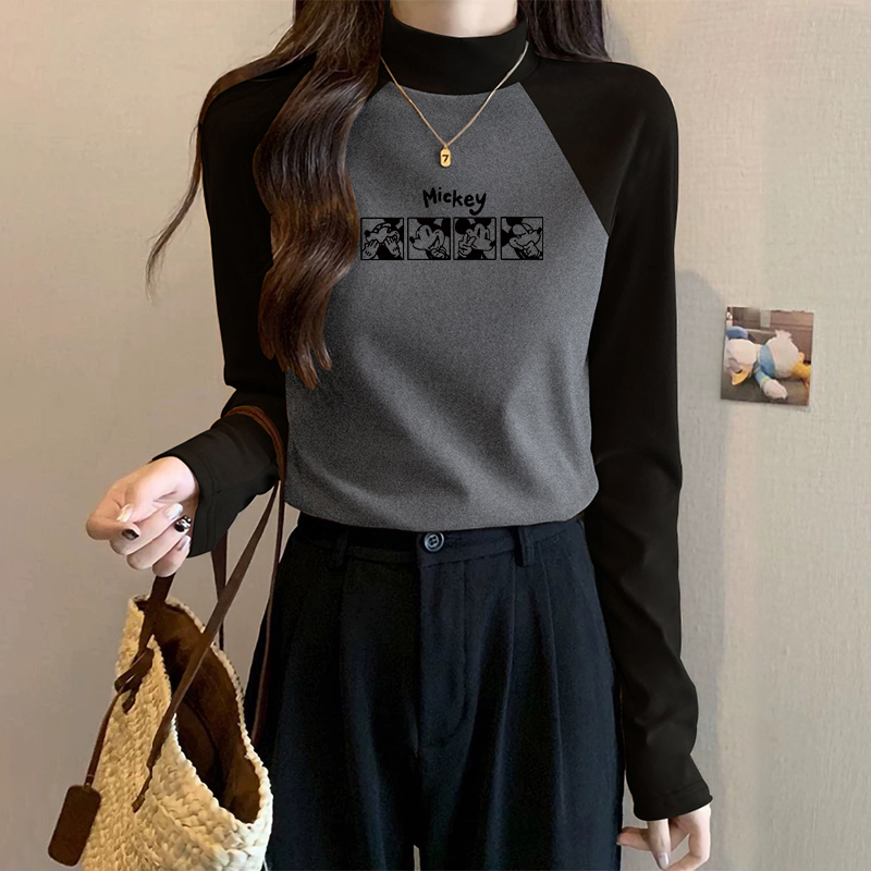 灰色正肩修身打底衫2025新款春秋修身显瘦半高领短款气质T恤女装