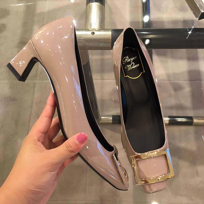高版本~2024方扣高跟鞋裸色女鞋中跟漆皮单鞋女粗跟单鞋