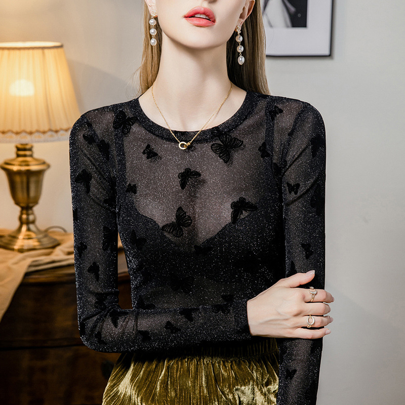蝴蝶植绒亮丝网纱T恤修身2025秋季新款网纱新款低胸打底内搭
