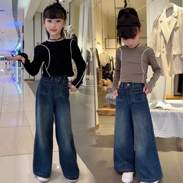 女童秋装新款套装2024中大童长袖上衣时髦牛仔裤儿童秋季两件套