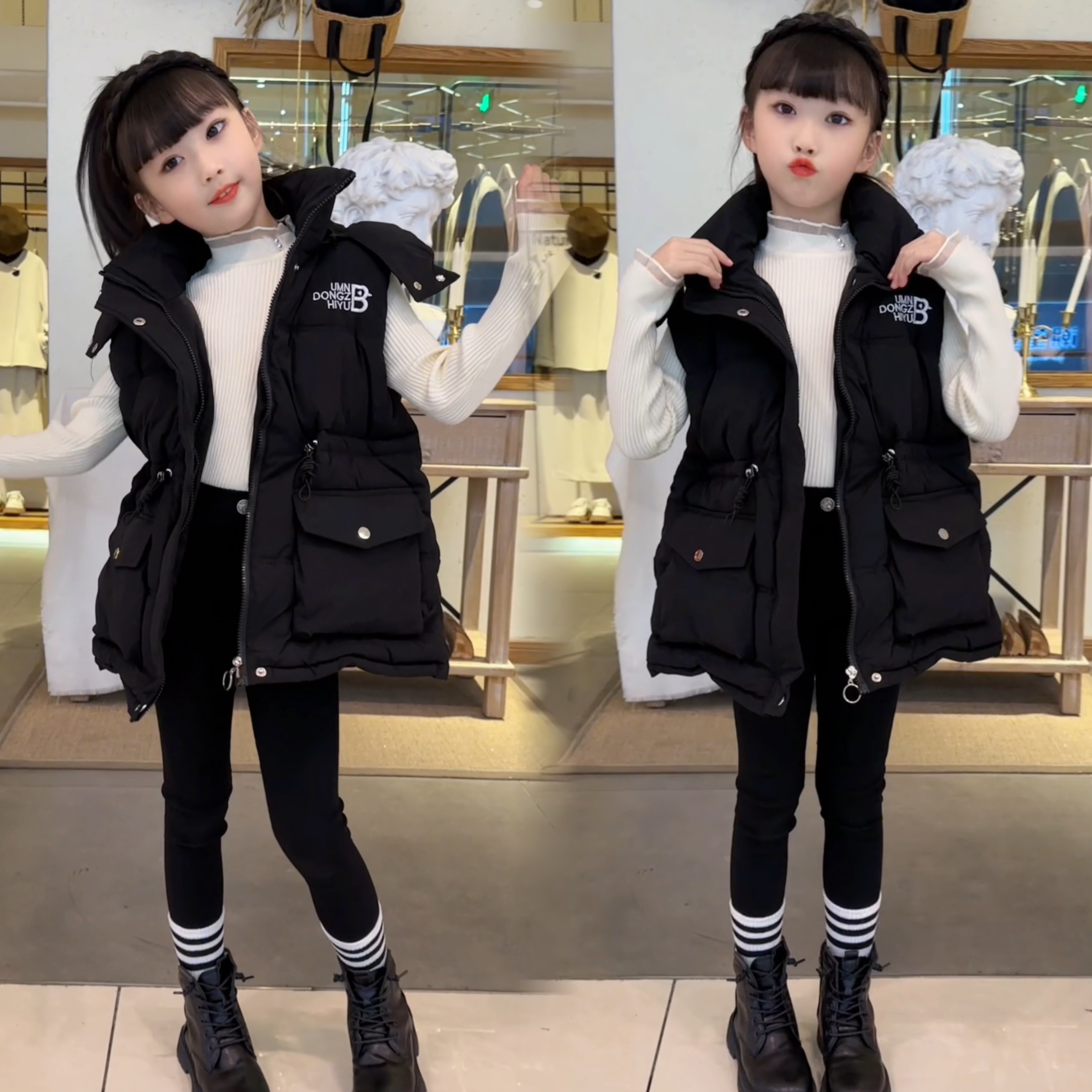 女童秋冬季中长款收腰马甲2024新款棉衣外套中大童坎肩背心