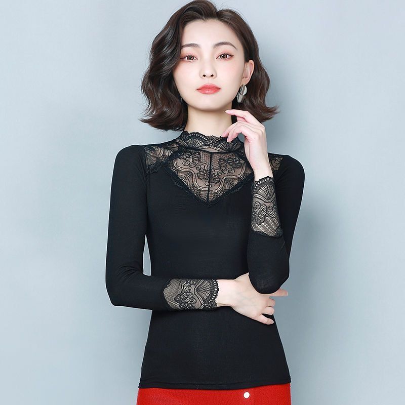 春秋新款莫代尔网纱性感加绒修身半高领保暖时尚长袖百搭洋气显瘦