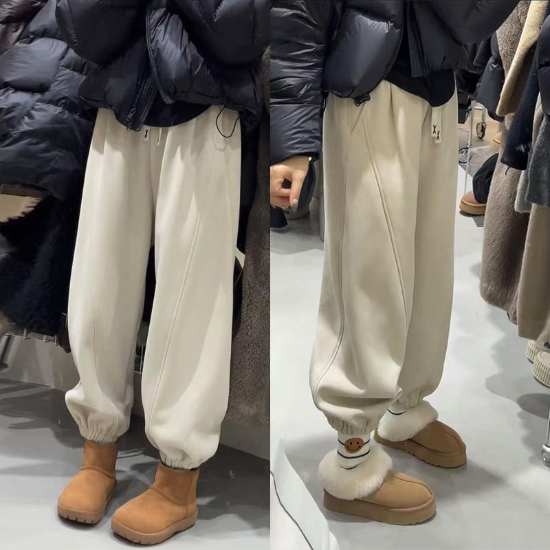 2025春秋韩版加绒高腰显瘦加厚束脚裤女宽松保暖休闲裤运动卫裤子