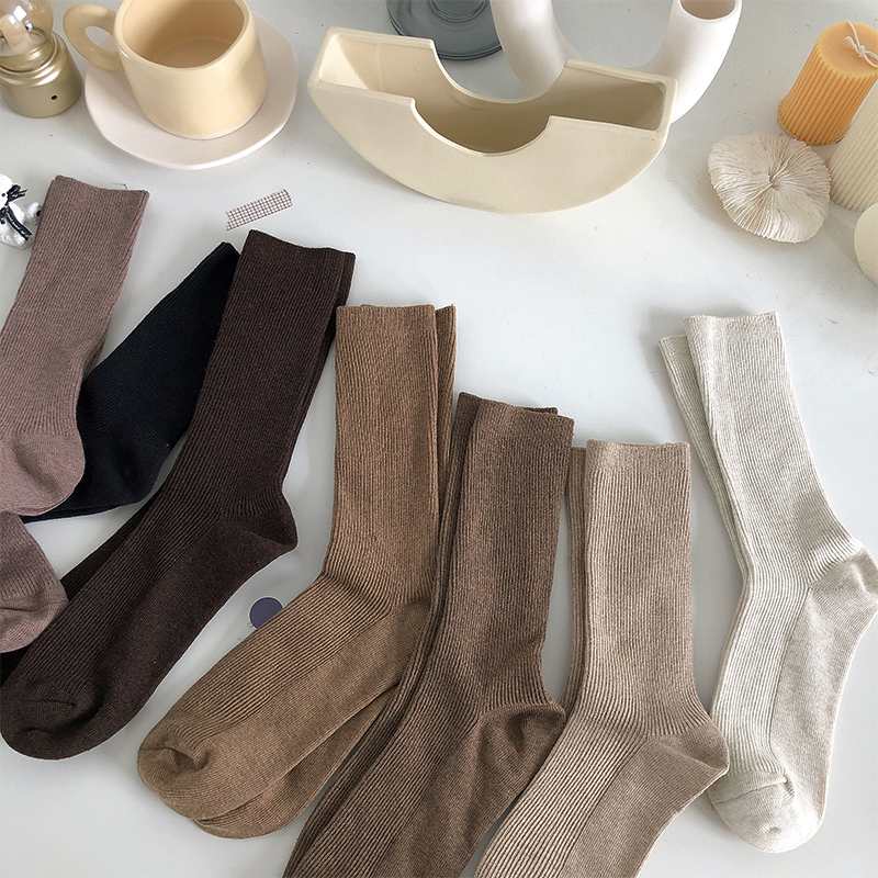 抗起球双针美拉德棕色袜子女中筒秋冬厚款纯棉燕麦咖色堆堆袜长袜