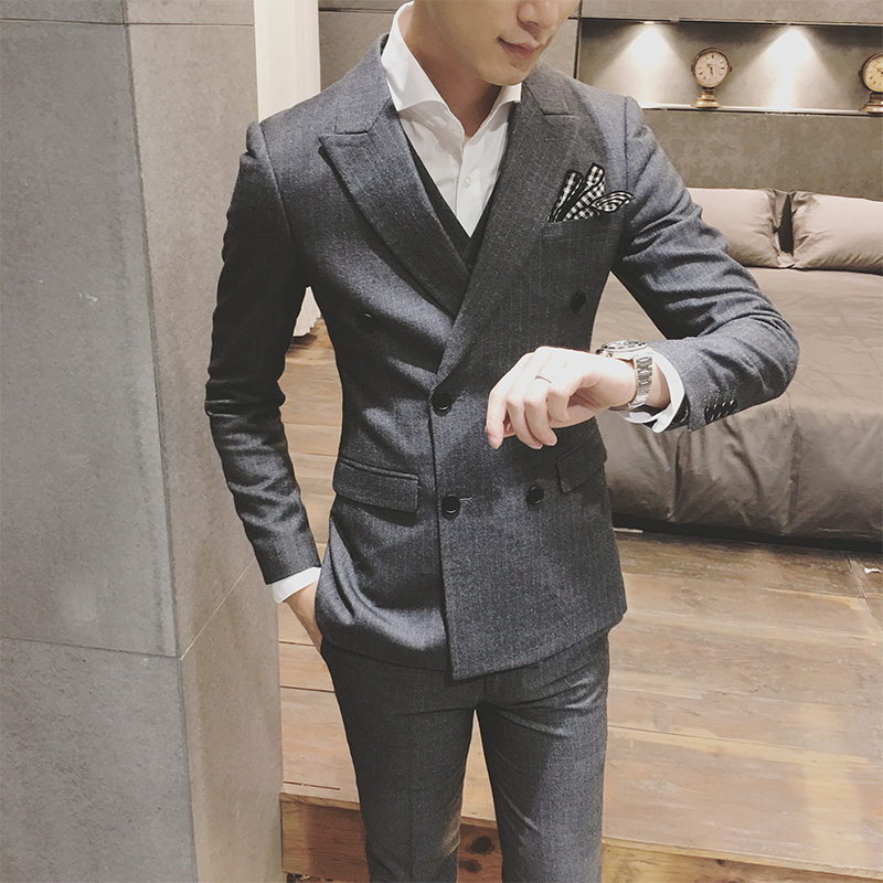西服套装男士三件套修身竖条纹西装新郎结婚礼服秋英伦韩版西装