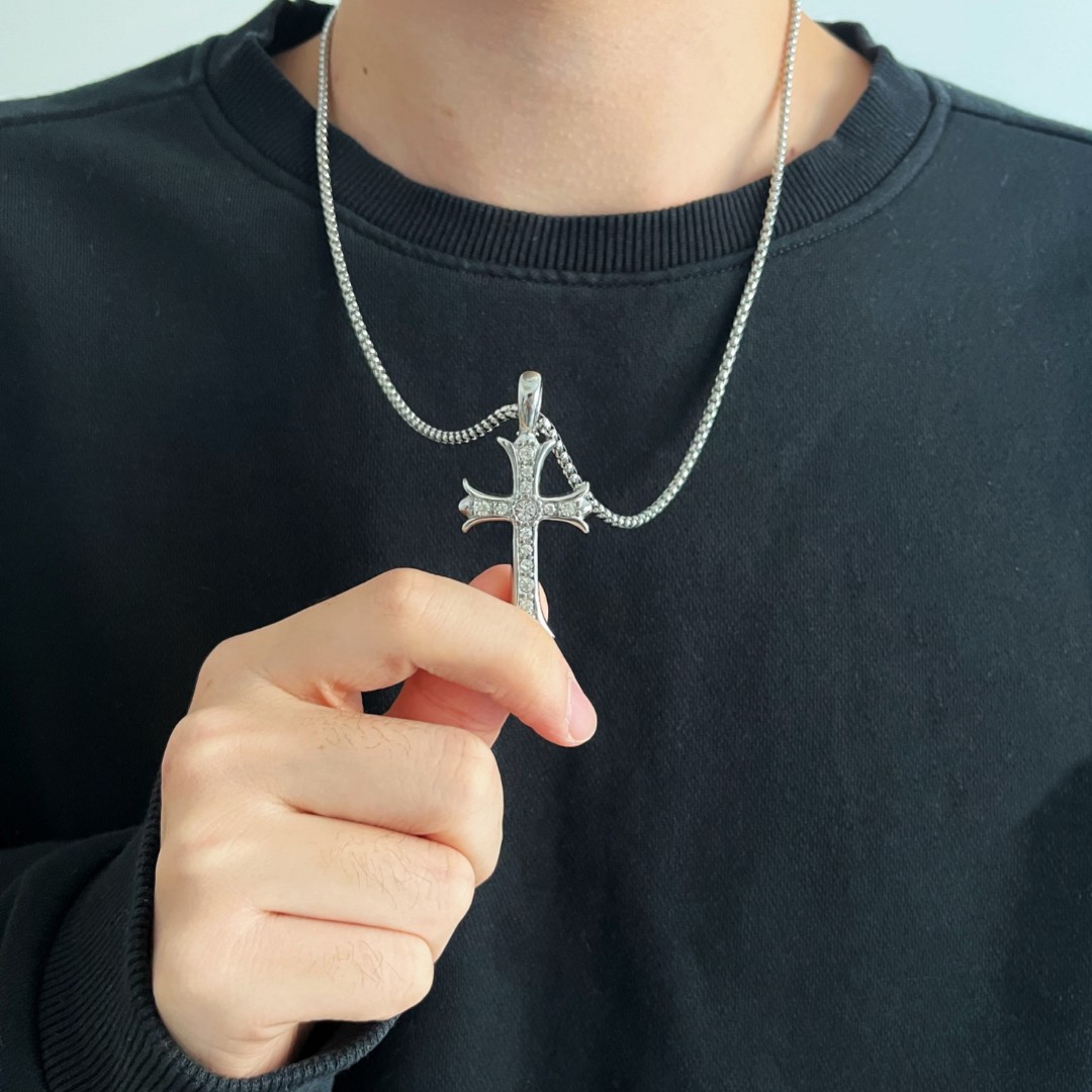 梵亚格 不锈钢吊坠 镶锆十字架百搭欧美街头朋克网红饰品项链霸气