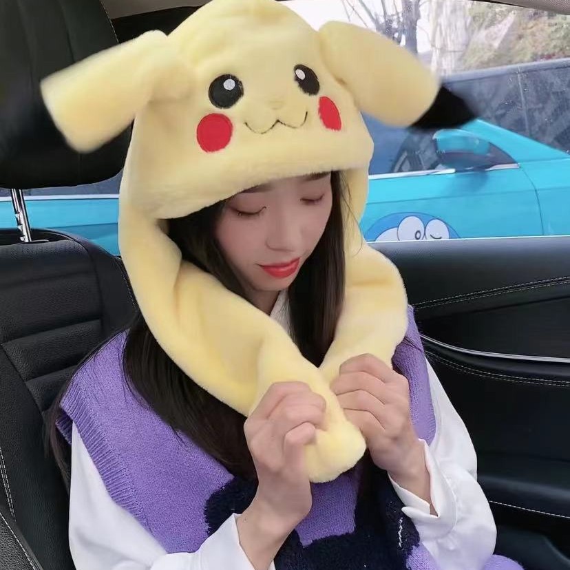 皮卡丘耳朵会动帽子围巾手套三件套秋冬保暖卡通加绒加厚防风帽