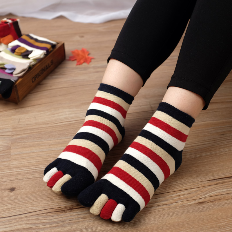内田五指袜四季五指袜女棉五趾袜子防臭短筒女袜子条纹可爱款纯棉