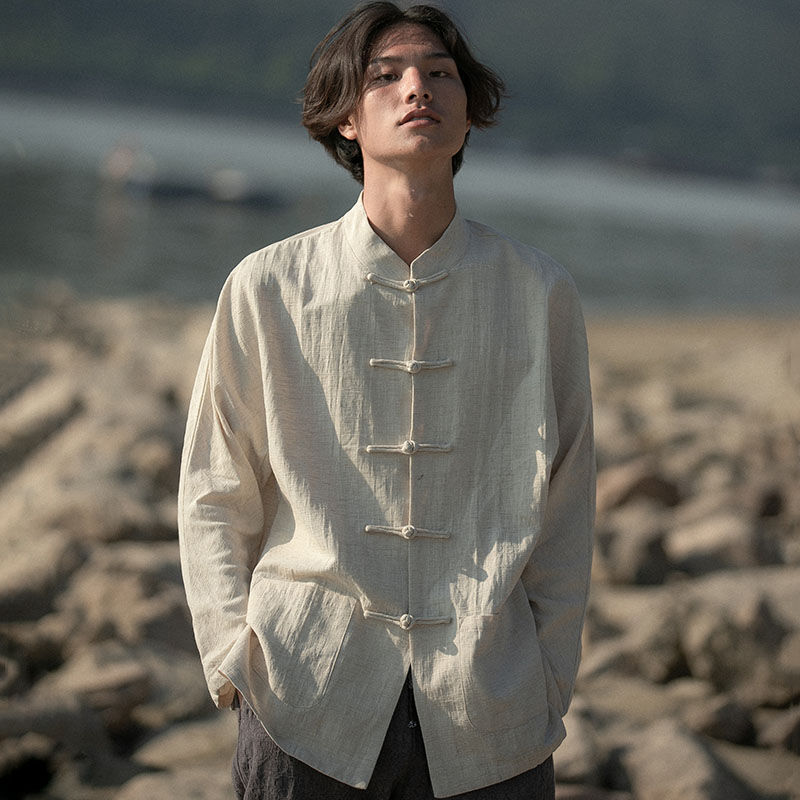 中式男潮牌复古青年中国风亚麻衬衫长袖棉麻中华立领中山衬衣服民