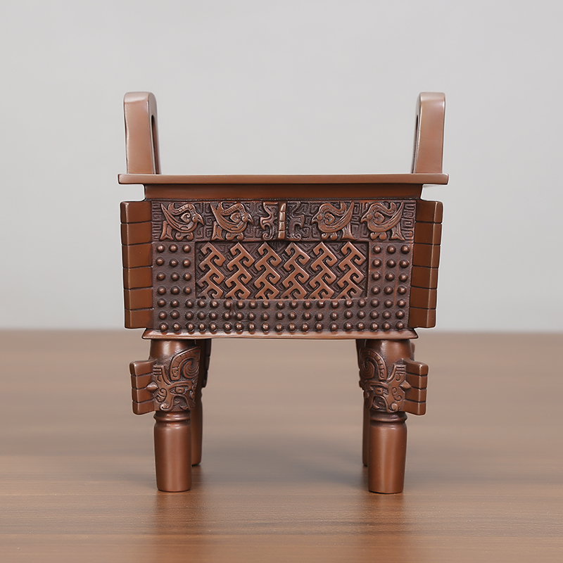 紫铜父戊鼎全铜四足方鼎办公室客厅桌面新中式传统创意装饰摆设