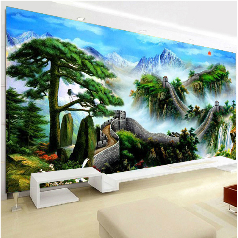 迎客松万里长城手工十字绣新款客厅简约现代2024风景满绣52种线