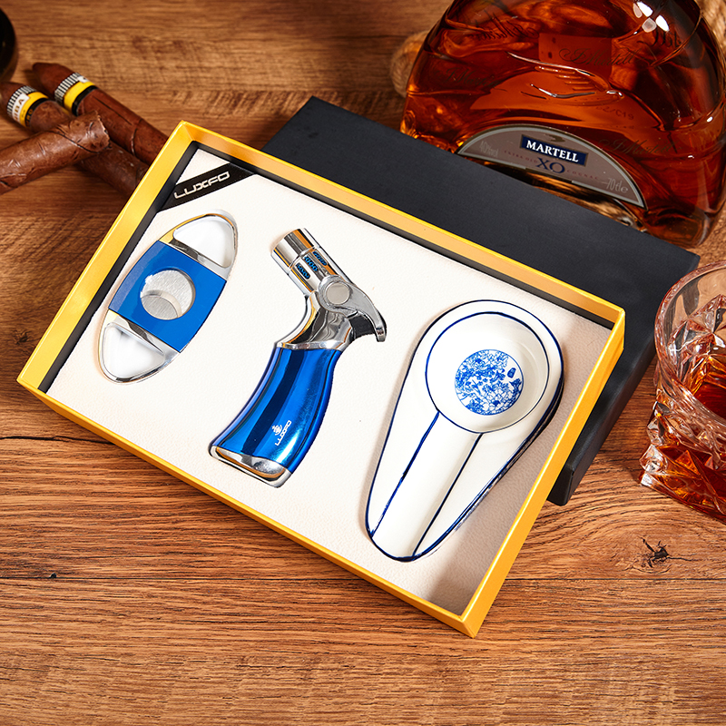 LUXFO雪茄工具套装3件套蓝色拉丝雪茄剪防风打火机便捷烟灰缸送礼