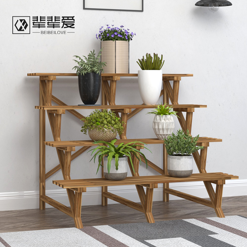 古馆户外实木多层阶梯花架子阳台省空间大容量花盆植物架室内落地