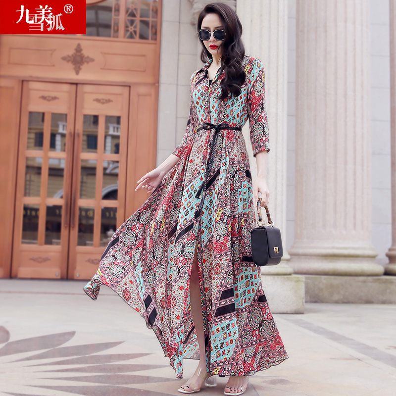 九美雪狐女装夏季大摆雪纺气质碎花及到脚踝长款拖地长裙连衣裙