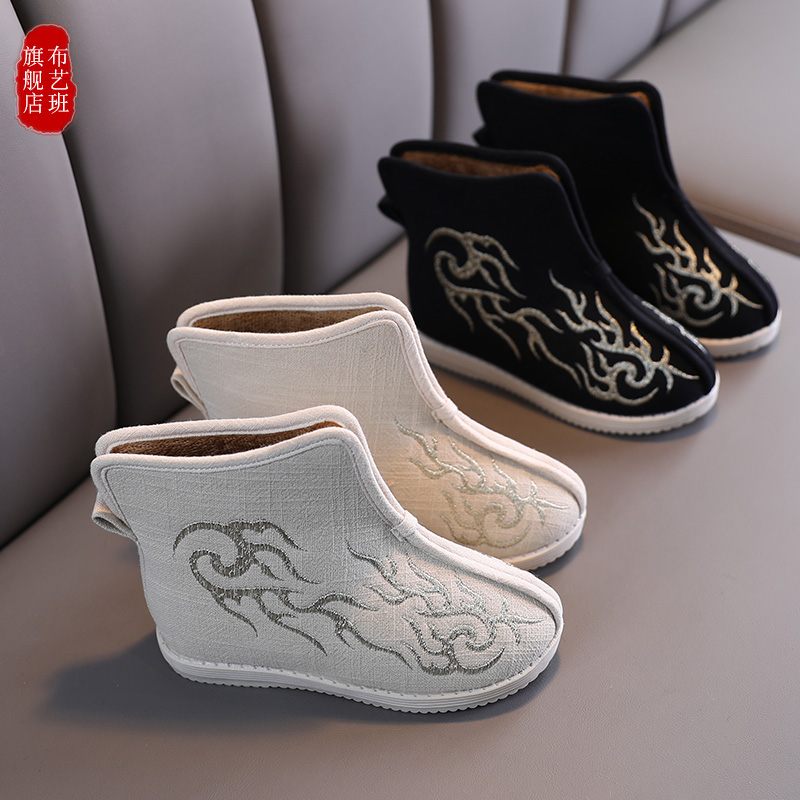 古风布鞋男童老北京汉服鞋子古装棉鞋冬季表演拜年加绒棉花鞋短靴