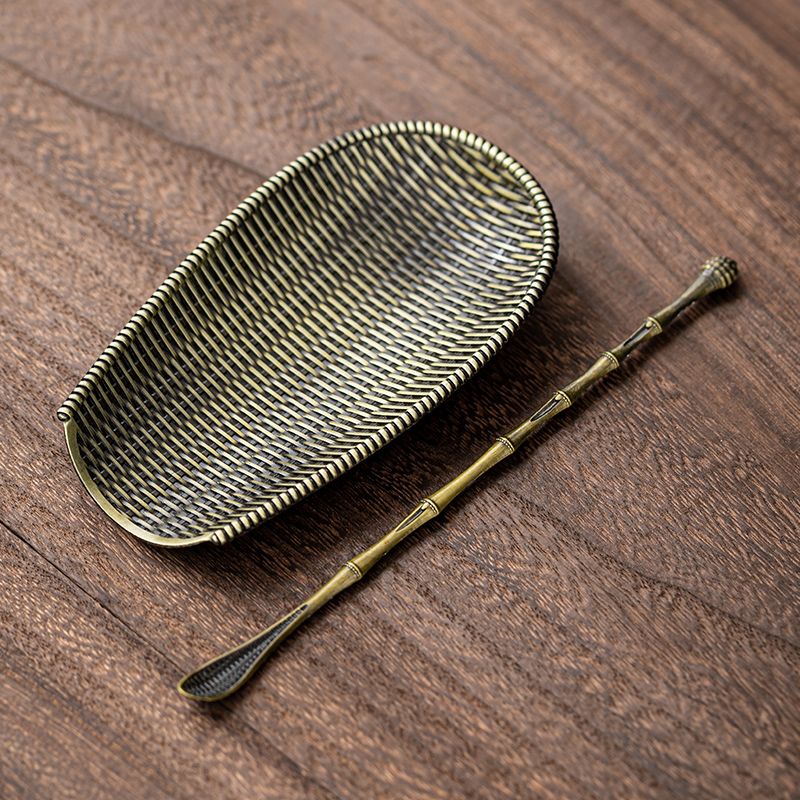 百垚镀铜合金簸箕茶则个性茶则茶勺赏茶荷套组分茶器功夫茶具配件