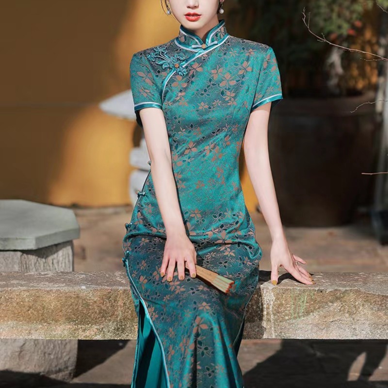{凌云锦绣}苏锦织锦缎提花短袖春秋款长旗袍(长1米25）