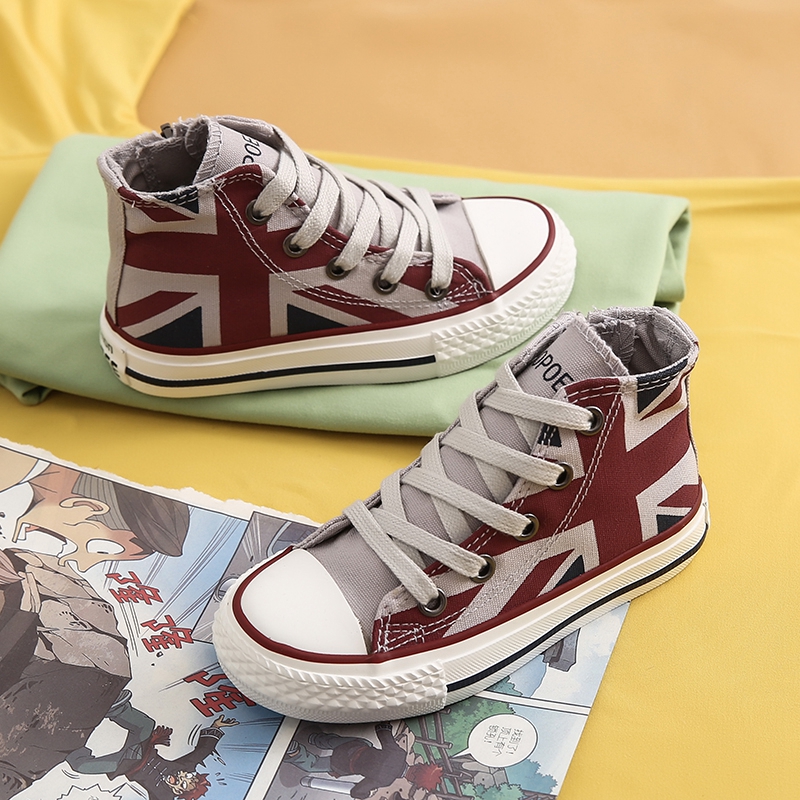 儿童帆布鞋春秋款韩版复古高帮男童女童鞋米字印花侧拉链休闲鞋