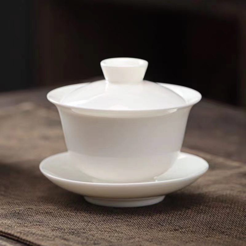 羊脂玉瓷盖碗白瓷三才盖碗防烫大容量悬停盖碗功夫茶具高档茶盖碗